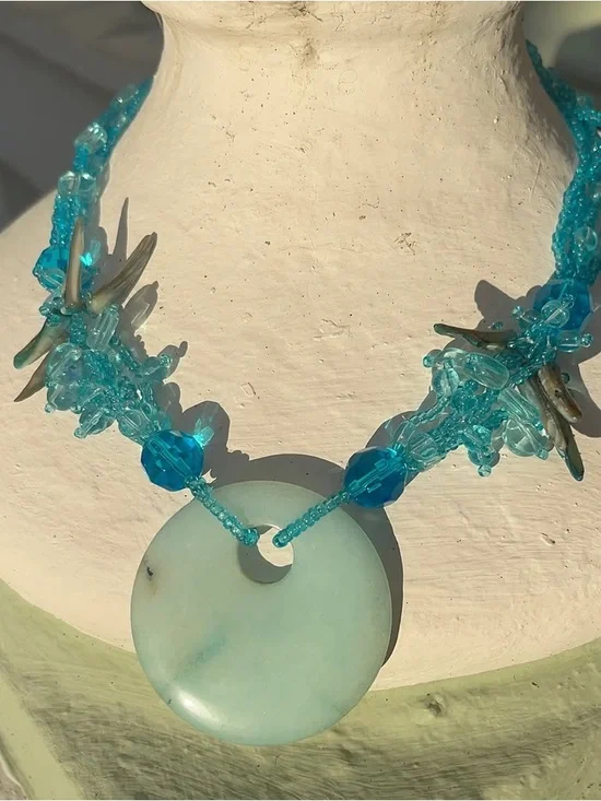Vintage Larimar Stone Glass Shell Blue Beaded Statement Necklace & Earrings Set - Picture 3 of 8